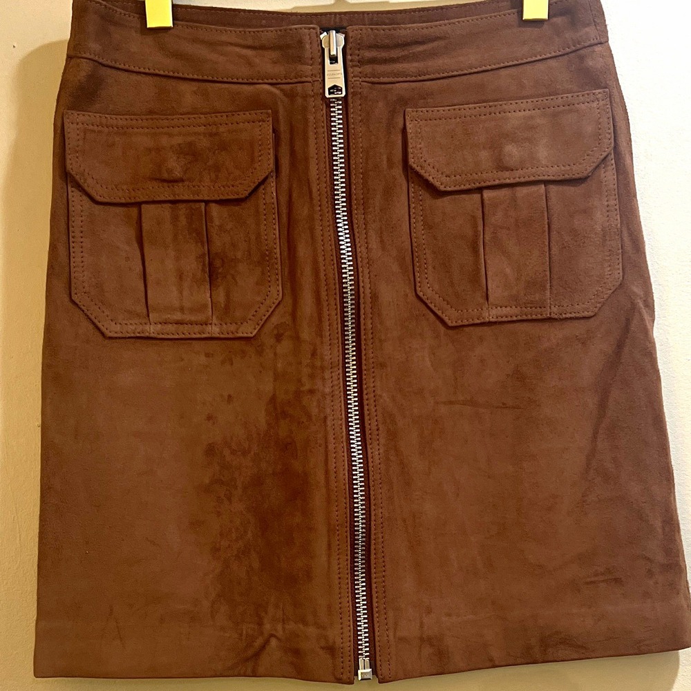 ALLSAINTS Women's Brown Solid Suede Mini Skirt Zip Pockets Lined Size 2